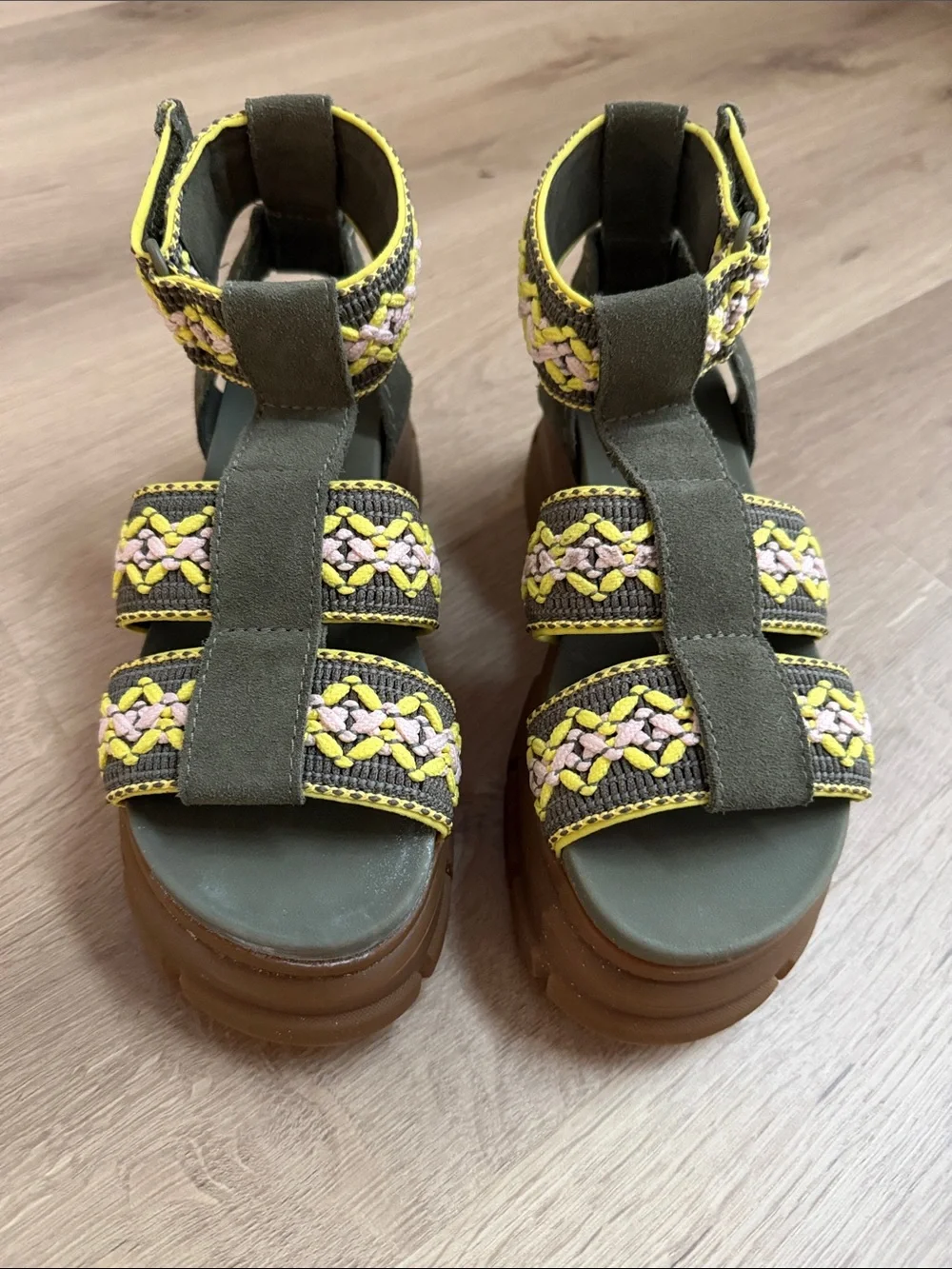 Ugg Chunky Platform Braided Strap Sandals in Olive and Yellow